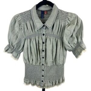 PILCRO Smocked Denim Look Top Women's Cottagecore Puff Sleeve Button Shirt Small